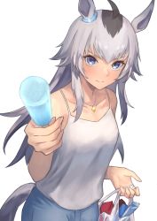 Rule 34 | 1girl, absurdres, ahoge, alternate costume, animal ears, bag, bare shoulders, blue eyes, camisole, collarbone, erulusyro, food, grey hair, highres, holding, holding bag, holding food, horse ears, horse girl, horse tail, jewelry, long hair, multicolored hair, necklace, oguri cap (umamusume), popsicle, simple background, smile, snack, solo, tail, two-tone hair, umamusume, white background, white camisole