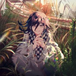 Rule 34 | 1boy, absurdres, blurry, blurry background, blurry foreground, checkered clothes, checkered scarf, chromatic aberration, danganronpa (series), danganronpa v3: killing harmony, depth of field, grass, hair between eyes, highres, lemontea, long sleeves, male focus, oma kokichi, own hands together, purple eyes, purple hair, scarf, shirt, short hair, smile, solo, squatting, tree