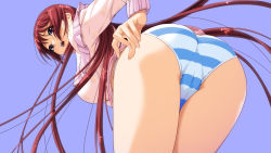 Rule 34 | 1girl, anjou marine, ass, blue theme, breasts, cameltoe, game cg, highres, ino (magloid), large breasts, leaning forward, long hair, open mouth, panties, purple eyes, red hair, sister scheme, solo, striped clothes, striped panties, underwear