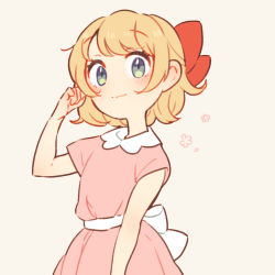 Rule 34 | 1girl, blonde hair, blue eyes, blush, bow, dress, eyebrows, flower, looking at viewer, mother (game), mother 2, nintendo, paula (mother 2), pink dress, puffy short sleeves, puffy sleeves, red bow, ribbon, sanpaku, shifumame, short sleeves, simple background, smile, solo, upper body, white ribbon