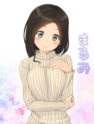 Rule 34 | 1girl, black eyes, black hair, blush, breast suppress, breasts, bug, butterfly, character name, hand on own elbow, head tilt, highres, holding own arm, insect, junk gaming maiden, kitsunerider, long hair, long sleeves, looking at viewer, ribbed sweater, simple background, smile, solo, sparkle, sweater, turtleneck, turtleneck sweater, upper body, white background, white sweater