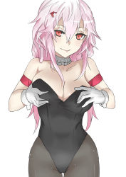 Rule 34 | 1girl, absurdres, bare shoulders, black pantyhose, breasts, chikkinage nage, cleavage, covered navel, detached collar, gloves, guilty crown, hair ornament, hairclip, highres, large breasts, leotard, long hair, looking at viewer, pantyhose, pink hair, red eyes, solo, twintails, white gloves, wrist cuffs, yuzuriha inori