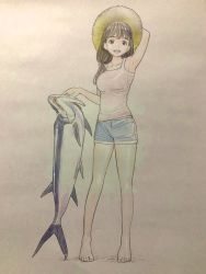 Rule 34 | 1girl, absurdres, animal, arm behind head, arm up, armpits, bare legs, barefoot, commentary request, fish, full body, hat, highres, holding, holding animal, holding fish, kimi wa sukinosaurus, looking at viewer, low twintails, open mouth, sekiguchi taro, shiraishi momiji, short shorts, shorts, smile, standing, sun hat, tank top, traditional media, twintails, xiphactinus