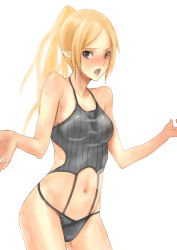 Rule 34 | 1girl, bad id, bad pixiv id, bare shoulders, black eyes, blonde hair, blush, female focus, mutsumura ryuuichi, navel, open mouth, panties, pointy ears, ponytail, solo, tank top, underwear, white background