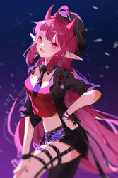 Rule 34 | 1girl, :d, ahoge, arknights, black headwear, black jacket, black skirt, black thighhighs, blurry, blush, breasts, cowboy shot, crop top, depth of field, detached collar, hand on own thigh, highres, horns, indai (3330425), jacket, long hair, looking at viewer, miniskirt, navel, necktie, official alternate costume, open clothes, open jacket, open mouth, pink eyes, pink hair, pointy ears, red necktie, short sleeves, single thighhigh, skirt, small breasts, smile, solo, spiked thighlet, thighhighs, very long hair, vigna (arknights), vigna (black wave) (arknights), wristband