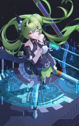 Rule 34 | 1girl, absurdres, ai-chan (chrono navi) (honkai impact), ai-chan (honkai impact), barcode, barcode tattoo, bare shoulders, black dress, black gloves, breasts, cleavage, cleavage cutout, closed mouth, clothing cutout, dress, eun (eunice), fingerless gloves, full body, gloves, green hair, hair ornament, headband, highres, holographic interface, honkai (series), honkai impact 3rd, large breasts, long hair, looking at viewer, medium breasts, one eye closed, orange eyes, second-party source, shadow, smile, solo, standing, tattoo, twintails