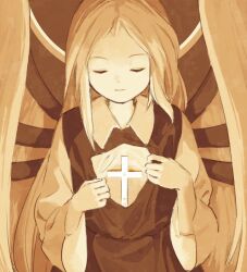 Rule 34 | 1other, androgynous, brown background, closed eyes, closed mouth, collared shirt, commentary request, dress, facing viewer, highres, kaigen 1025, long sleeves, monochrome, other focus, sariel (touhou), sepia, shirt, simple background, sleeveless, sleeveless dress, smile, touhou, touhou (pc-98), upper body, wings