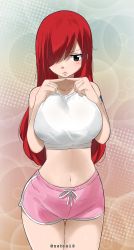 Rule 34 | 1girl, artist name, bare shoulders, blush, breasts, brown eyes, collarbone, crop top, erza scarlet, fairy tail, fingers together, gaston18, hair over one eye, highres, large breasts, long hair, navel, pink shorts, red hair, shirt, shorts, shoulder tattoo, sleeveless, solo, stomach, tattoo, thigh gap, thighs, white shirt
