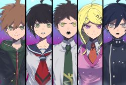 Rule 34 | 2girls, 3boys, ahoge, akamatsu kaede, black hair, black jacket, blonde hair, brother and sister, brown hair, buttons, collarbone, collared shirt, column lineup, commentary request, danganronpa: trigger happy havoc, danganronpa (series), danganronpa 2: goodbye despair, danganronpa another episode: ultra despair girls, danganronpa v3: killing harmony, double-breasted, eighth note, fortissimo, frown, gradient background, green eyes, green jacket, green neckwear, grey shirt, hair between eyes, hair ornament, highres, hinata hajime, jacket, long hair, looking at viewer, lower teeth only, multiple boys, multiple girls, musical note, musical note hair ornament, naegi komaru, naegi makoto, necktie, open clothes, open jacket, open mouth, pink background, pink eyes, red neckwear, saihara shuichi, sailor collar, school uniform, shirt, short hair, siblings, spoilers, suzumetarou, sweat, teeth, trait connection, upper body, white shirt
