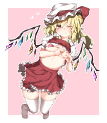 Rule 34 | 1girl, bikini, bikini top only, flandre scarlet, hat, hat ribbon, heart, heart-shaped boob challenge, heart hands, highres, kz oji, looking at viewer, mob cap, nipples, one eye closed, pink bikini, red ribbon, red skirt, ribbon, skirt, skirt set, smile, solo, swimsuit, thighhighs, touhou, vest, white hat, white thighhighs, wings