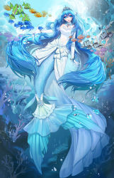 Rule 34 | 1girl, :d, absurdres, air bubble, bare shoulders, blue eyes, blue hair, bracelet, breasts, bubble, cleavage, cleavage cutout, clothing cutout, collarbone, commentary, coral, covered navel, dress, elbow gloves, fins, fish, floating hair, full body, gloves, hair between eyes, highres, huge filesize, jewelry, long dress, long hair, looking at viewer, medium breasts, mermaid, monster girl, necklace, nilly (nillyliya), open mouth, original, outstretched arm, resolution mismatch, rock, sad smile, school of fish, shadow, sidelocks, sleeveless, sleeveless dress, smile, solo focus, source smaller, split tail, tail, tail ornament, tears, tiara, underwater, very long hair, white dress, white gloves