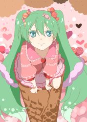 Rule 34 | 1girl, ao, aqua eyes, bad id, bad pixiv id, cake, cake slice, candy, earrings, food, food-themed clothes, food-themed earrings, food-themed hair ornament, fruit, green hair, hair ornament, hatsune miku, heart, highres, ice cream, ice cream cone, in food, jewelry, lollipop, long hair, oversized object, pappappao, pocky, skirt, smile, solo, strawberry, strawberry shortcake, sweets, swirl lollipop, twintails, very long hair, vocaloid
