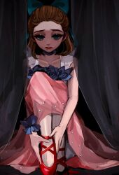 Rule 34 | 1girl, ankle ribbon, black background, blue bow, blue eyes, blue flower, blue rose, bow, brown hair, closed mouth, curtains, dress, dress flower, empty eyes, flower, full body, hair bow, hair slicked back, hands on feet, highres, hoge (n8sss), identity v, knees up, leg ribbon, lips, looking at viewer, medium hair, mole, mole under eye, official alternate costume, on floor, pink dress, red footwear, ribbon, rose, shoes, single wrist cuff, sitting, sleeveless, sleeveless dress, solo, vera nair, vera nair (red shoes), wrist cuffs