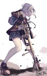 Rule 34 | 1girl, absurdres, backpack, bag, black gloves, black skirt, bolt action, brown footwear, brown jacket, cheytac m200, commentary, english commentary, full body, gar32, girls&#039; frontline, gloves, grey hair, gun, highres, holding, holding gun, holding weapon, jacket, long hair, looking away, m200 (girls&#039; frontline), name connection, object namesake, open clothes, open jacket, pigeon-toed, pleated skirt, profile, purple eyes, reloading, rifle, scope, shell casing, shirt, shoes, sidelocks, signature, skirt, smoke, sneakers, sniper rifle, scope, socks, solo, standing, twitter username, weapon, white background, white shirt, white socks