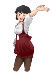 Rule 34 | 1girl, alternate costume, anna miller, apron, black hair, black pantyhose, brown eyes, commentary request, cropped legs, foreshortening, highres, kantai collection, miyuki (kancolle), open mouth, pantyhose, red apron, red skirt, round teeth, shirt, short hair, simple background, skirt, smile, solo, teeth, tooku nomura (artist), tray, upper teeth only, waitress, waving, wavy hair, white background, white shirt