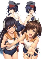 Rule 34 | 4girls, ass, bare arms, bare shoulders, black hat, black one-piece swimsuit, blouse, blush, breasts, brown eyes, brown hair, cleavage, collarbone, cowboy shot, framed breasts, hair between eyes, hat, highres, holding hands, i-13 (kancolle), i-14 (kancolle), i-400 (kancolle), ichikawa feesu, kantai collection, long hair, multiple girls, one-piece swimsuit, one-piece tan, outstretched arm, palms, reaching, reaching towards viewer, shirt, short hair, simple background, sleeveless, sleeveless shirt, standing, swept bangs, swimsuit, swimsuit under clothes, tan, tanline, very long hair, white background, white shirt