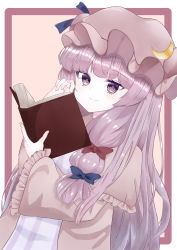 Rule 34 | 1girl, absurdres, blue bow, blue ribbon, book, bow, capelet, commentary request, crescent, crescent pin, emiyukiearth, hair bow, hat, hat ribbon, highres, holding, holding book, long hair, looking at viewer, mob cap, open book, patchouli knowledge, purple eyes, purple hair, red bow, ribbon, simple background, smile, solo, touhou, turning page, upper body, very long hair, wide sleeves