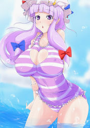 Rule 34 | 1girl, arms behind back, bow, breasts, casual one-piece swimsuit, crescent, covered erect nipples, female focus, hair bow, hat, jiseki, large breasts, long hair, one-piece swimsuit, open mouth, patchouli knowledge, purple eyes, purple hair, ribbon, solo, swimsuit, touhou, water