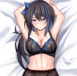 Rule 34 | 1girl, absurdres, arms behind head, black bra, black hair, black pantyhose, blue bow, blush, bow, bra, bra strap, breasts, cleavage, closed mouth, collarbone, girls&#039; frontline, hair bow, highres, jericho (girls&#039; frontline), long hair, looking at viewer, lying, medium breasts, mole, mole under eye, multicolored hair, navel, on back, pantyhose, purple eyes, simple background, solo, stomach, taishi karibe, underwear