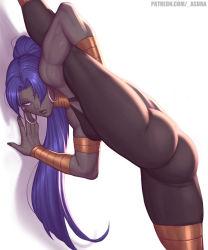 Rule 34 | 1girl, against wall, armlet, ass, assassin (fate/zero), asura (asurauser), biceps, black bodysuit, black nails, bodysuit, bracer, breasts, colored skin, contortion, dark-skinned female, dark skin, fate/grand order, fate/zero, fate (series), feet out of frame, female assassin (fate/zero), fingernails, flexible, grey skin, halterneck, highres, hood, jewelry, leg behind shoulder, leg hold, leg up, lips, long hair, looking at viewer, medium breasts, nail polish, neck ring, nose, pink eyes, ponytail, purple hair, sidelighting, skin tight, sleeveless, solo, split, standing, standing on one leg, standing split, thick thighs, thighs, toned, very dark skin, white background