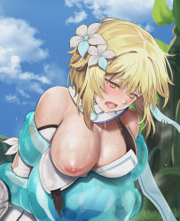 Rule 34 | 1girl, bare shoulders, blonde hair, blue sky, blush, breasts, cyclone (reizei), detached sleeves, dress, feather hair ornament, feathers, flower, genshin impact, hair flower, hair ornament, highres, large breasts, lumine (genshin impact), medium hair, nipples, one breast out, open mouth, restrained, scarf, sidelocks, sky, slime (creature), white dress, white scarf, yellow eyes