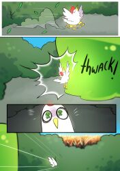 Rule 34 | absurdres, animal, animal focus, bird, blank eyes, bush, chicken, commentary, english commentary, highres, niniidawns, no humans, original, outdoors, rooster, running, skull and crossbones, slime (creature), surprised, symbol-shaped pupils