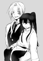 Rule 34 | 2boys, aged down, allen walker, annoyed, black hair, blush, carrying, carrying person, child, collared shirt, d.gray-man, grey background, greyscale, hair between eyes, high ponytail, highres, kanda yuu, long bangs, long hair, looking at another, looking to the side, low ponytail, male focus, monochrome, multiple boys, necktie, nemui draw, shirt, smile, upper body, white hair