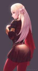 Rule 34 | 1girl, absurdres, artist name, ass, awan0918, black dress, breasts, cape, closed mouth, commentary, cowboy shot, dress, edelgard von hresvelg, fire emblem, fire emblem: three houses, from behind, garreg mach monastery uniform, gradient background, grey background, hair ribbon, hand on own chest, highres, long hair, long sleeves, looking at viewer, looking back, nintendo, pantyhose, profile, purple ribbon, red cape, red pantyhose, ribbon, school uniform, small breasts, smile, solo, white hair