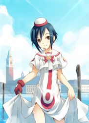 Rule 34 | 00s, 1girl, aika granzchesta, aria (manga), blue hair, clothes lift, earrings, fingerless gloves, gloves, hat, inato serere, jewelry, lifting own clothes, neo-venezia, red gloves, short hair, skirt, skirt lift, smile, solo, yellow eyes