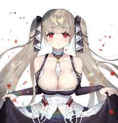 Rule 34 | 1girl, azur lane, bare shoulders, between breasts, black bow, black dress, blurry, bow, breasts, cleavage, closed mouth, clothes lift, collarbone, detached collar, detached sleeves, dress, dress lift, earrings, formidable (azur lane), frilled dress, frills, grey hair, hair bow, highres, jewelry, large breasts, long hair, long sleeves, looking at viewer, puckjjick (belbesi19), red eyes, simple background, solo, stud earrings, twintails, upper body, very long hair, white background