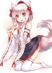 Rule 34 | 1girl, animal ears, bad id, bad nicoseiga id, detached sleeves, fangs, female focus, hat, inubashiri momiji, kneeling, red eyes, silver hair, solo, sugimeno, tail, thighhighs, tokin hat, touhou, white thighhighs, wolf ears, wolf tail