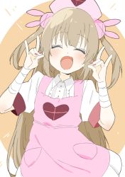 Rule 34 | 1girl, absurdres, apron, bad id, bad twitter id, bandages, blush, brown hair, donguri suzume, closed eyes, fingernails, fox shadow puppet, hair ornament, hand gesture, hat, heart, highres, long hair, natori sana, nurse cap, open mouth, outstretched arms, sana channel, simple background, solo, spread arms, twintails, two side up, virtual youtuber