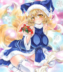 Rule 34 | 1girl, artist name, at classics, bag, bell, blonde hair, blue footwear, blue hat, blush, breasts, christmas, closed mouth, covered erect nipples, detached sleeves, dress, fox tail, fur trim, gift, hair between eyes, hat, holding, holding bag, holding gift, large breasts, long sleeves, looking at viewer, multiple views, sack, sample watermark, santa costume, seiza, shoes, short hair, sitting, smile, snowflakes, solo, tail, thighhighs, touhou, traditional media, watermark, white thighhighs, yakumo ran, yellow eyes