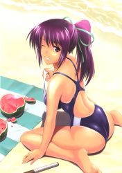 Rule 34 | 1girl, absurdres, ass, back, barefoot, beach, blanket, breasts, competition swimsuit, feet, food, fruit, grin, hair ribbon, highres, ishigaki takashi, large breasts, looking back, one-piece swimsuit, ponytail, purple eyes, purple hair, ribbon, sitting, smile, soles, solo, suikawari, swimsuit, tan, tanline, toes, wariza, watermelon