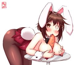 Rule 34 | 1girl, alternate costume, animal ears, artist logo, ass, back, bare shoulders, between breasts, blush, bow, bowtie, breast rest, breasts, breasts on table, brown hair, brown pantyhose, cleavage, covered navel, cowboy shot, dated, detached collar, fake animal ears, furutaka (kancolle), glowing, glowing eye, hair ornament, hair over shoulder, hairclip, highres, kanon (kurogane knights), kantai collection, large breasts, leotard, looking at viewer, pantyhose, playboy bunny, rabbit ears, rabbit tail, red leotard, short hair, signature, simple background, solo, strapless, strapless leotard, table, tail, white background, wrist cuffs, yellow eyes