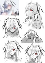 1girl breasts choker cinderella_(nikke) game_screenshot_inset goddess_of_victory:_nikke hair_over_one_eye highres horns mechanical_horns multiple_expressions one_eye_covered piece_888 red_eyes simple_background smile solo translation_request twintails upper_body white_background