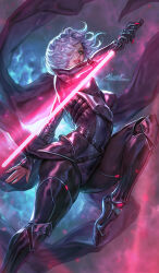 Rule 34 | 1girl, aleriia v, armor, breasts, energy sword, green eyes, highres, holding, holding lightsaber, holding weapon, large breasts, lightsaber, looking at viewer, patreon username, red lightsaber, reverse grip, short hair, signature, solo, standing, star wars, sword, watermark, weapon, web address, white hair