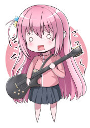 Rule 34 | 1girl, absurdres, black skirt, blush, bocchi the rock!, chibi, commentary, copyright name, cube hair ornament, fuli (user dxkx3245), gotoh hitori, guitar, hair between eyes, hair ornament, highres, holding, holding instrument, instrument, jacket, long hair, long sleeves, miniskirt, o o, one side up, open mouth, pink hair, pink jacket, pleated skirt, rectangular mouth, sad, simple background, skirt, solo, tears, track jacket, v-shaped eyebrows, very long hair, white background