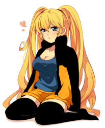 Rule 34 | 1girl, azu (kirara310), black jacket, blonde hair, blue eyes, blue shirt, blush, breasts, cleavage, closed mouth, collarbone, facial mark, facing viewer, full body, genderswap, genderswap (mtf), hair tie, heart, high collar, jacket, large breasts, long hair, long sleeves, looking at viewer, multicolored clothes, multicolored jacket, naruko (naruto), naruto, naruto (series), naruto shippuuden, open clothes, open jacket, orange jacket, orange shorts, shirt, shorts, simple background, sitting, solo, thighhighs, twintails, uzumaki naruto, very long hair, whisker markings, whisker marks, whiskers, white background