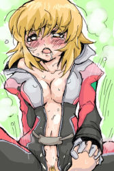 Rule 34 | 00s, 1girl, blonde hair, blush, breasts, cagalli yula athha, cleavage, clothed sex, cowgirl position, drooling, female pubic hair, gundam, gundam seed, gundam seed destiny, holding hands, interlocked fingers, lowres, nankyoku, navel, open clothes, pubic hair, sex, solo focus, straddling, sweat, vaginal