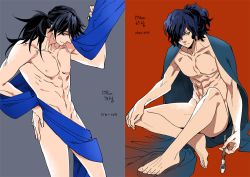 Rule 34 | bed sheet, black hair, fate (series), hair over one eye, hand on own hip, long hair, looking at viewer, male focus, multiple boys, naked sheet, nipples, nude, okada izou (fate), red eyes, sakamoto ryouma (fate), simple background, sitting, smoking pipe, standing, very long hair, yococco