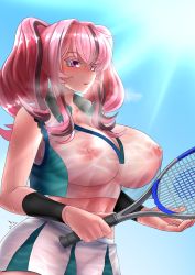Rule 34 | 1girl, absurdres, artist request, azur lane, bad id, bad pixiv id, breasts, bremerton (azur lane), bremerton (scorching-hot training) (azur lane), cleavage, covered erect nipples, crop top, crop top overhang, highres, holding, holding racket, huge breasts, multicolored hair, nipples, no bra, purple hair, racket, see-through, shirt, sleeveless, sleeveless shirt, solo, sportswear, streaked hair, tennis racket, tennis uniform, two-tone shirt, two-tone skirt, wet, wet clothes