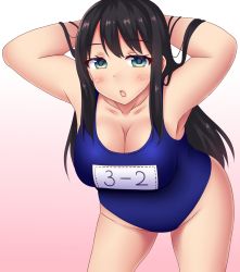 Rule 34 | 1girl, :o, armpits, arms behind back, arms behind head, arms up, bad id, bad pixiv id, black hair, blush, breasts, cleavage, collarbone, green eyes, large breasts, leaning forward, long hair, looking at viewer, neri sachiko, one-piece swimsuit, open mouth, original, plump, school swimsuit, solo, swimsuit