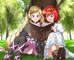 Rule 34 | 2girls, :d, absurdres, betabetamaru, blonde hair, book, bow, child, dress, elise (fire emblem), fire emblem, fire emblem: mystery of the emblem, fire emblem: shadow dragon and the blade of light, fire emblem fates, hair bow, hairband, highres, holding, holding book, maria (fire emblem), multiple girls, nintendo, open mouth, outdoors, reading, red hair, sitting, smile, surprised, tree, twintails, white dress