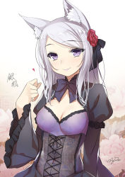 Rule 34 | 1girl, 47agdragon, animal ears, blush, breasts, cleavage, cleavage cutout, clothing cutout, corset, dress, flower, fox ears, frilled sleeves, frills, hair flower, hair ornament, hair ribbon, highres, long hair, looking at viewer, original, parted bangs, puffy sleeves, purple eyes, ribbon, signature, silver hair, smile, solo, wide sleeves