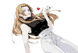 Rule 34 | 1girl, blonde hair, blowing kiss, breasts, curvy, forehead, jujutsu kaisen, large breasts, legs, long hair, pants, parted lips, re2 mica, simple background, sleeveless, smile, solo, thighs, tsukumo yuki (jujutsu kaisen), white background, white pants
