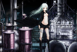 Rule 34 | 1girl, ahoge, aqua hair, bad id, bad pixiv id, bandages, boots, breasts, cleavage, factory, industrial, knee boots, long hair, md5 mismatch, medium breasts, miniskirt, navel, no bra, open clothes, open shirt, original, red eyes, shirt, skirt, solo, solru, standing, torn clothes, tyappygain, wind