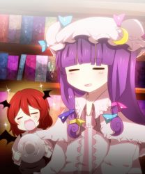 Rule 34 | 2girls, :d, = =, bad id, bad pixiv id, bat wings, blush, book, crescent, closed eyes, female focus, happy, hat, head wings, koakuma, library, multiple girls, no nose, open mouth, patchouli knowledge, plate, purple hair, red hair, smile, sparkle, takemizu, embodiment of scarlet devil, touhou, voile, wings