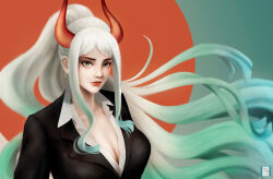 Rule 34 | 1girl, alternate costume, aqua hair, closed mouth, commentary, curled horns, dora-z9, earrings, english commentary, formal, highres, hoop earrings, horns, jewelry, lips, lipstick, long hair, long sleeves, makeup, multicolored horns, one piece, oni, orange horns, ponytail, realistic, red horns, red lips, shirt, signature, solo, suit, two-tone horns, very long hair, white hair, white shirt, yamato (one piece)