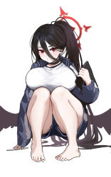 Rule 34 | 1girl, barefoot, black hair, black wings, blue archive, breasts, closed mouth, feet, full body, hair between eyes, halo, hasumi (blue archive), hasumi (track) (blue archive), high ponytail, highres, jacket, large breasts, long hair, long sleeves, looking at viewer, low wings, mole, mole under eye, red eyes, shirt, shorts, simple background, solo, squatting, taotao, very long hair, white background, white shirt, wings